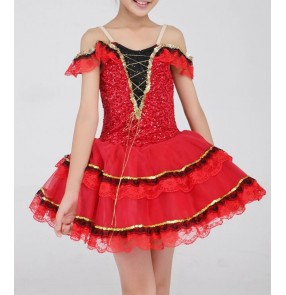 Kids girls red sequined leotard tutu skirt ballet dancing dress 