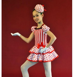 KIds girls red striped polka dot sequin ballet dance dress tutu leotard skirt