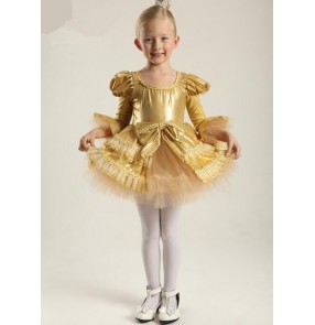 Kids girls velvet gold organza leotard tutu skirt ballet dance dress skating dress