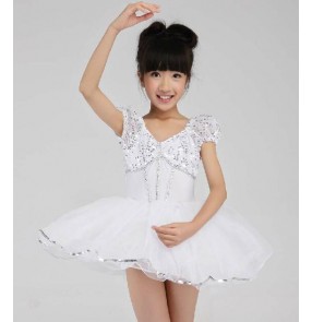 Kids Girls white sequin leotard tutu skirt ballet dance dress