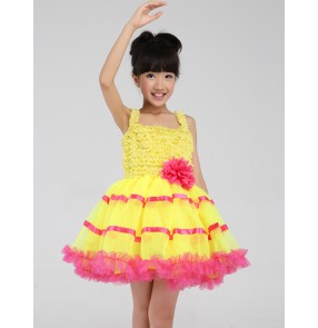 Kids girls yellow red patchwork leotard tutu skirt ballet dancing dress