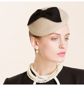 Lady's female black bowknot khaki 100% wool fedoras wedding party pillbox socialite hat 