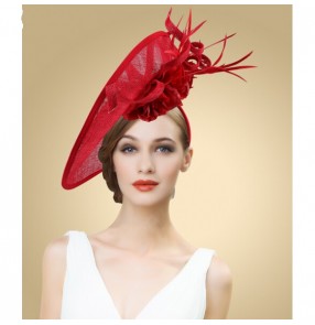 Lady's Mini Hat Hair Clip Feather Rose Top Cap Lace  Costume Accessory red wedding hat