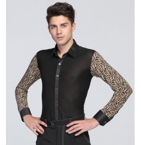 Leopard and black patchwork long sleeves turn down collar male men's man competition performance professional latin ballroom waltz tango dance tops shirts