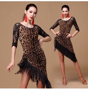 Leopard colored women's ladies middle long lace sleeves tops triangle hip scarf tassels skirts split set latin  salsa cha cha rumba rumba dance dresses