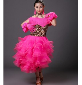 Leopard printed fuchsia colored rhinestones competition professional girls kids child children swing hem ballroom dance dresses