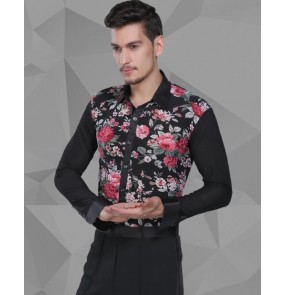 Men's flower printed patchwork latin dance shirt ballroom dancing top 