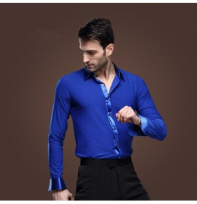 Men's latin  dance shirt ballroom dance top royal blue long sleeves turn down collar 