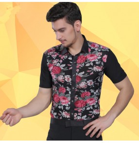 Men's male floral printed latin dance jive ballroom dance shirt 