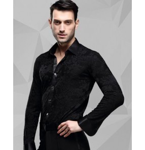 Men's male man black long sleeve down collar jacquard 3d flower compeitition ballroom latin dance shirts jive  cha cha waltz tango dance tops shirts