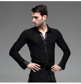 Men's male man black turn down collar 3D  pattern long sleeves high quality competition professional latin waltz chacha tango ballroom dance shirts tops 