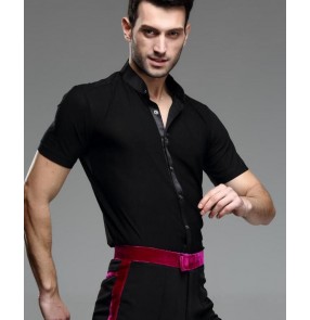 Men's male man summer short sleeves standard collar black latin ballroom waltz tango salsa cha cha jive rumba dance shirts tops