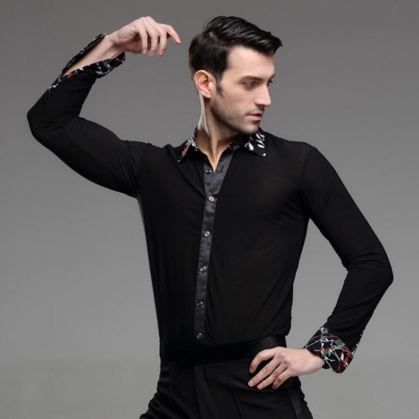 Men's male printed down collar black latin dance shirt ballroom waltz ...