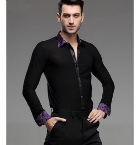Men's male violet circle printed leaf white and turn down collar long sleeves latin shirt 