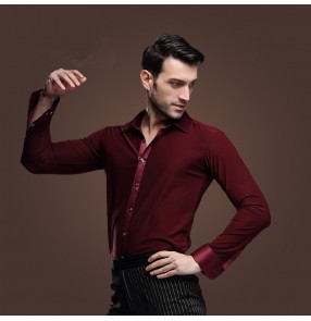 Men's wine red turn down collar plain color  long sleeves latin dance shirt 