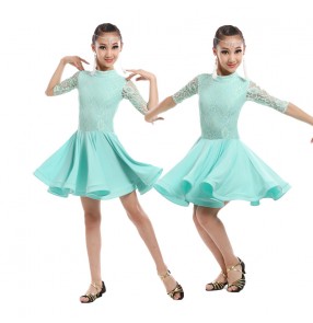 Mint light green colored lace sleeves patchwork spandex girls kids children school play competition performance latin ballroom dance dresses outfits dancewear