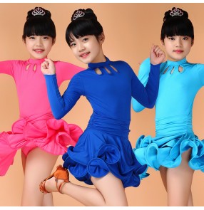 Neon green fuchsia turquoise royal blue yellow black long sleeves girls kids child children toddlers practice competition gymnastics ruffles skirts latin ballroom dance dresses with inside shorts