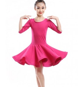 Neon green fuchsia yellow colored girls kids child children short sleeves round neck competition exercises practice stage performance latin dance dresses 