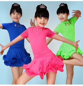Neon green royal blue fuchsia black red colored girls kids child toddlers children Short sleeves competition practice gymnastics latin ballroom dance dresses with side shorts