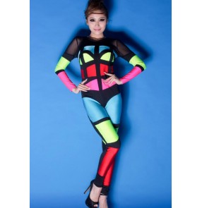 Neon rainbow green fuchsia blue red  black patchwork color multi colorful colored womens women's ladies female long sleeves fashionable  jazz dj ds sexy singer dance costumes  jumpsuit bodysuit catsuits