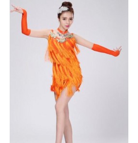 Orange colored fringes girls kids child children toddlers growth competition latin salsa cha cha rumba samba dance dresses with gloves