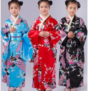 Pink black royal blue japanese Girls kids children baby turquoise royal blue modern dance party dresses cos play stage performance folk dance kimono 