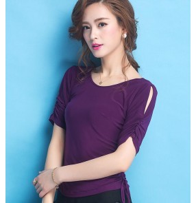 Purple violet short sleeves round neck draw string sleeves competition performance professional latin ballroom tango flamenco waltz dancing tops blouses
