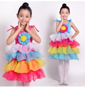 Rainbow colored multi colored strap layers princess party dance chiffon material girls kids child children toddler growth modern dance stage performance dj ds dance costumes dresses 
