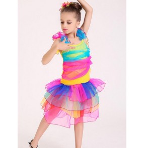 Rainbow colored sleeveless ruffles girls child children sleeveless modern dance princess party stage performance jazz dj ds singer dance costumes dresses 