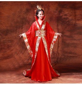 Red and gold Women's ladies girls Chinese folk dance traditional  ancient  classical princess stage performance costumes dynasty dresses 
