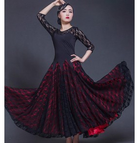 Red black lace patchwork middle long sleeves fashion women's ladies female competition performance professional ballroom tango waltz dance dresses costumes