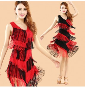  Red black patchwork colored women's ladies female fringes sleeveless gradient colored v neck tassels latin samba salsa cha cha dance dresses