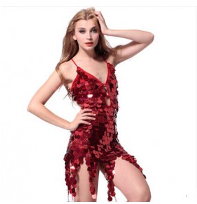  Red black silver gold white Women's girls ladies female sequined paillette  fringe sexy strap backless fashionable competition professional latin samba salsa cha cha dance dresses