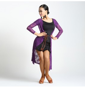 Red black violet Women's ladies female sexy fashion lace see through Long sleeves latin samba salsa cha cha rumba dance tops overcoat ( only lace coat)