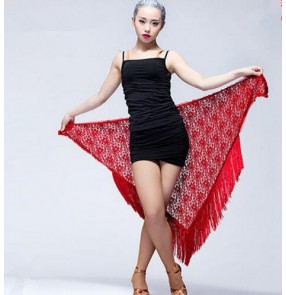 Red Black Women's ladies female lace tassels triangle  belly dance hip scarf sexy fashionable latin ballroom dance Samba salsa dance skirts ( only lace triangle scarf)