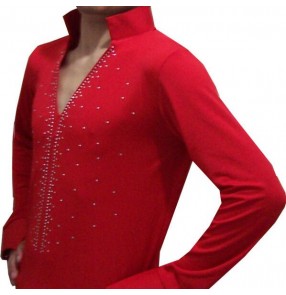 Red colored mans mens men's male v neck long sleeves rhinestones competition practice latin rumba cha cha ballroom waltz tango dance shirts tops