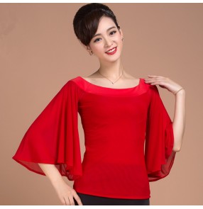 Red colored women's ladies female womens loose sleeves boat neck ballroom competition professional latin samba dance  tops only 