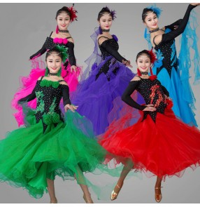 Red fuchsia turquoise violet purple green flower patchwork diamond high quality competition professional long length sleeves ballroom tango waltz dance dresses