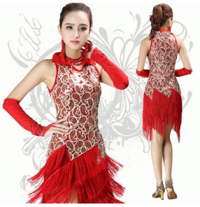 Red gold paillette colored women's ladies female competition exercises tassels latin samba salsa cha cha dance dresses set  with gloves and  rhinestones neck accessory  fringe earrings