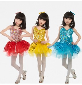 Red gold yellow turquoise blue sleeveless strap girls kids child children toddler growth baby toddlers practice stage performance modern dance jazz dance dj ds dance costumes dresses 