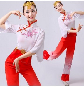 Red gradient colored middle long sleeves womens women's ladies female yangko chinese folk dance fan dance costumes dresses sets