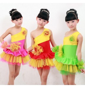 Red green fuchsia rainbow colored girls kids child chilren toddlers competition one shoulder sleeveless gymnastics practice skirts latin dance dress costumes