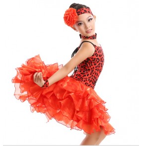 Red leopard Fringe Shiny Paillette Girl Latin Dance Dress Salsa Dresses 