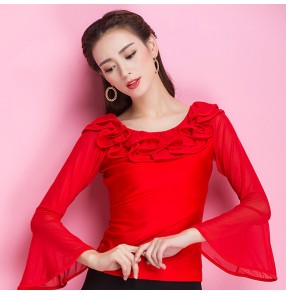 Red long flare sleeves ruffles neck women's fashion competition professional party performance ballroom tango latin cha cha dance tops blouses shirts