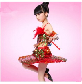 Red sequined backless Girls child kids child baby modern stage performance jazz dance costumes latin dance dresses