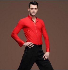 Red stand collar long sleeves spandex competition men's man male stage performance latin ballroom tango jive waltz dance shirts tops 