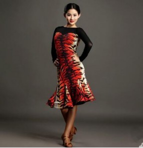 Red tiger printed brown leopard patchwork long sleeves women's  ladies womens female backless sexy fashion latin samba salsa cha cha dance dresses