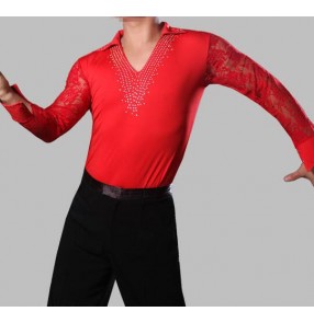 Red v neck stand collar rhinestones long lace sleeves competition male men's boys kids children performance latin salsa ballroom tango waltz flamenco dance tops leotard shirts 