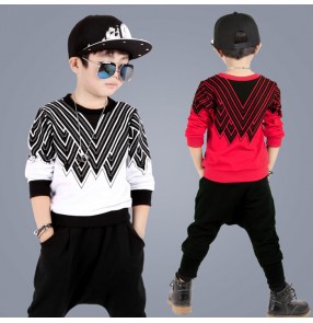 Red white plaid printed cotton sweater tops harem pants boys kids children school performance hip hop street dancing cos play jazz dance outfits costumes
