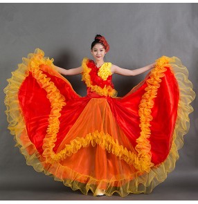 Red yellow fuchsia hot pink yellow gold patchwork flowers women's ladies female opening dance stage performance Spanish flamenco bull dance folk modern dancing dresses outfits